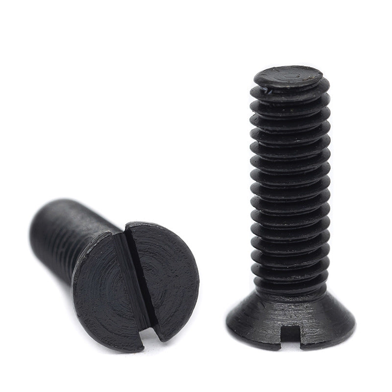Slotted countersunk screws with carbon steel blackened coating; flat-head screws with Phillips threads ¨C standard mechanical fasteners