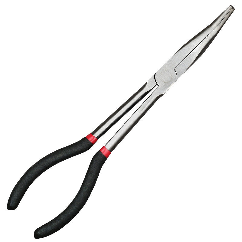 Long-nosed pliers with extended handle; 45-degree and 90-degree bends; adjustable-length, long-nosed pliers