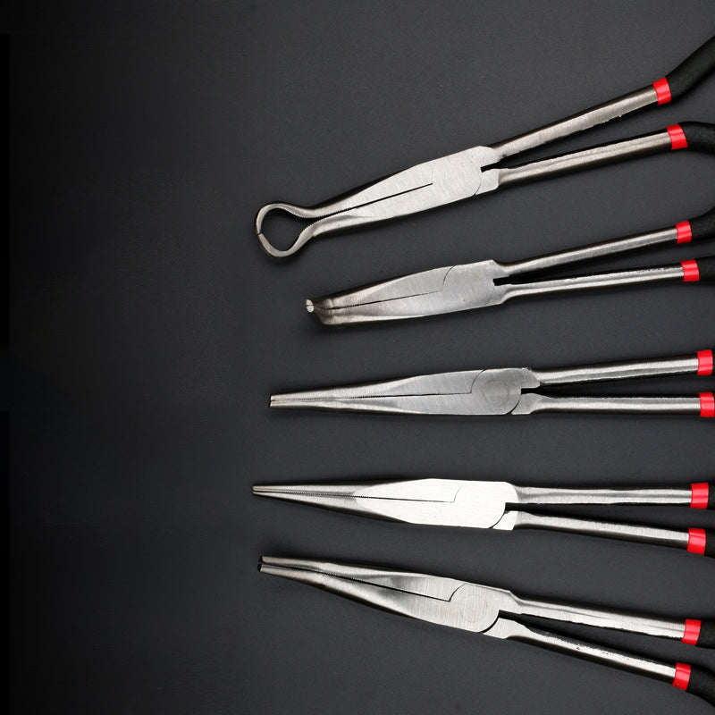 Long-nosed pliers with extended handle; 45-degree and 90-degree bends; adjustable-length, long-nosed pliers