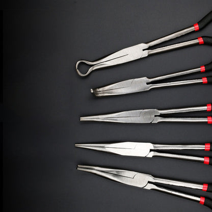 Long-nosed pliers with extended handle; 45-degree and 90-degree bends; adjustable-length, long-nosed pliers
