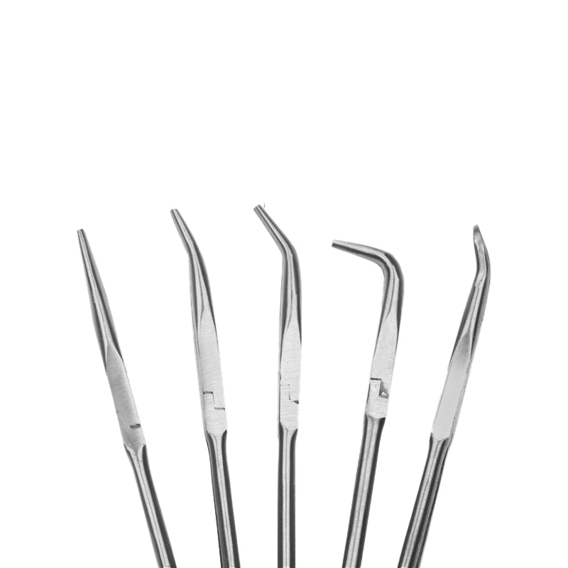Long-nosed pliers with extended handle; 45-degree and 90-degree bends; adjustable-length, long-nosed pliers
