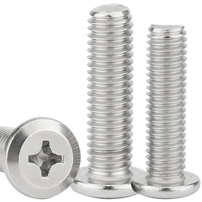 Nickel-plated iron flat-head countersunk, round-headed furniture screws with beveled edges and cross-shaped threads