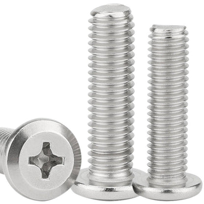 Nickel-plated iron flat-head countersunk, round-headed furniture screws with beveled edges and cross-shaped threads