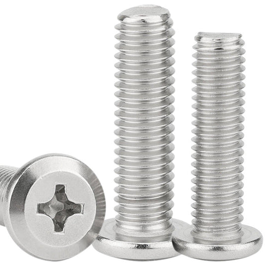 Nickel-plated iron flat-head countersunk, round-headed furniture screws with beveled edges and cross-shaped threads