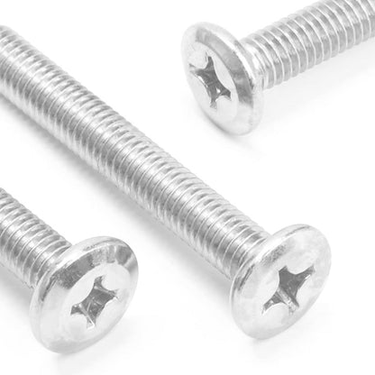 Nickel-plated iron flat-head countersunk, round-headed furniture screws with beveled edges and cross-shaped threads