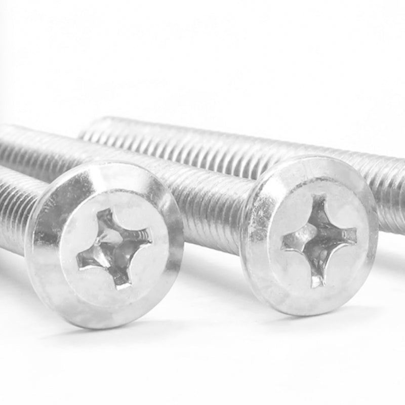 Nickel-plated iron flat-head countersunk, round-headed furniture screws with beveled edges and cross-shaped threads