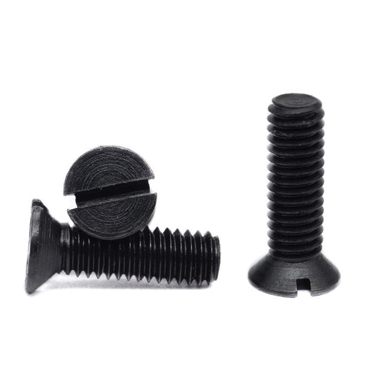 Slotted countersunk screws with carbon steel blackened coating; flat-head screws with Phillips threads ¨C standard mechanical fasteners