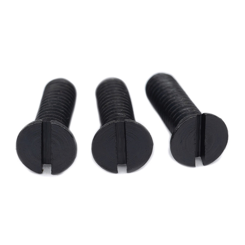 Slotted countersunk screws with carbon steel blackened coating; flat-head screws with Phillips threads ¨C standard mechanical fasteners