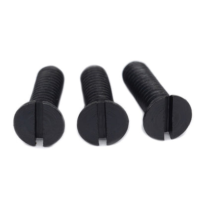 Slotted countersunk screws with carbon steel blackened coating; flat-head screws with Phillips threads ¨C standard mechanical fasteners