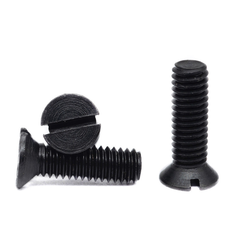 Slotted countersunk screws with carbon steel blackened coating; flat-head screws with Phillips threads ¨C standard mechanical fasteners