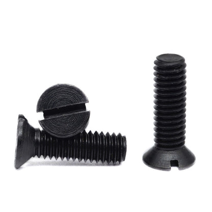 Slotted countersunk screws with carbon steel blackened coating; flat-head screws with Phillips threads ¨C standard mechanical fasteners