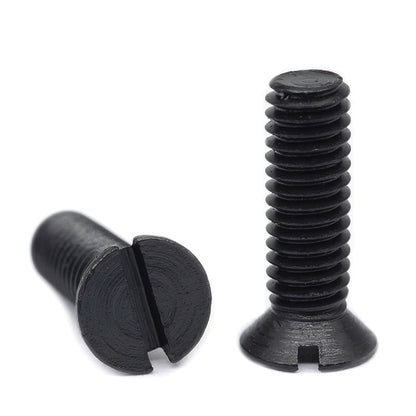 Slotted countersunk screws with carbon steel blackened coating; flat-head screws with Phillips threads ¨C standard mechanical fasteners
