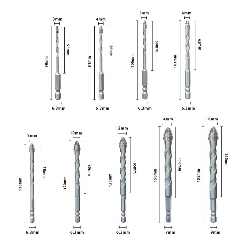 Dry drilling of ceramic tiles, glass, marble, and concrete with serrated drill bits and super hard alloys