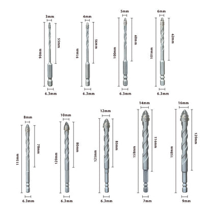 Dry drilling of ceramic tiles, glass, marble, and concrete with serrated drill bits and super hard alloys