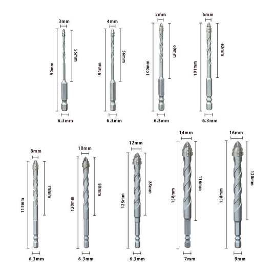 Dry drilling of ceramic tiles, glass, marble, and concrete with serrated drill bits and super hard alloys