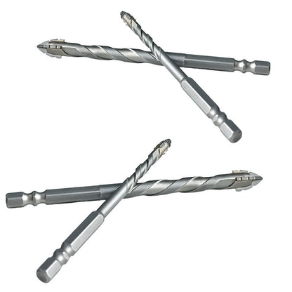 Dry drilling of ceramic tiles, glass, marble, and concrete with serrated drill bits and super hard alloys