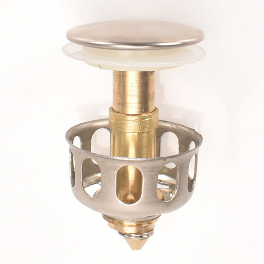 Stainless steel push-button drain plug for washbasins, sinks, and countertops.