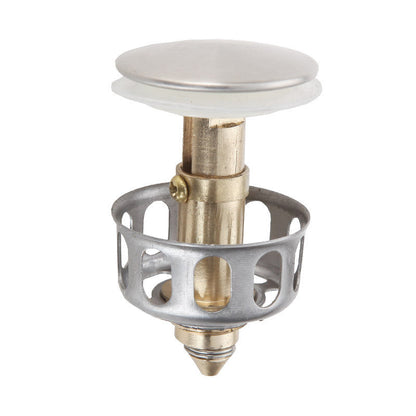 Stainless steel push-button drain plug for washbasins, sinks, and countertops.
