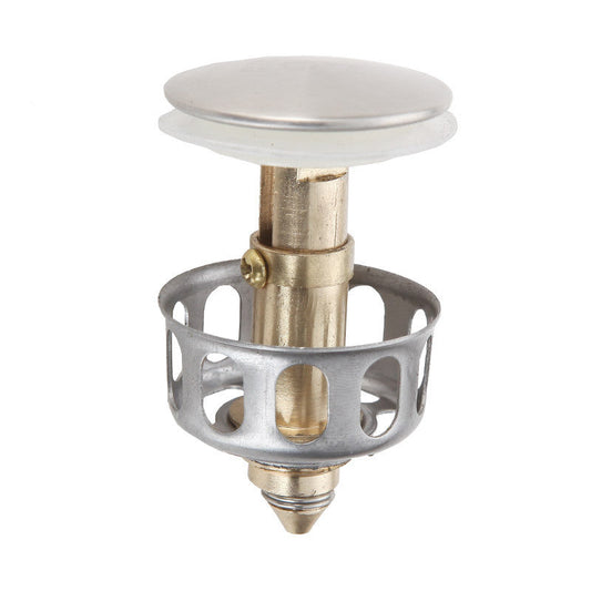 Stainless steel push-button drain plug for washbasins, sinks, and countertops.
